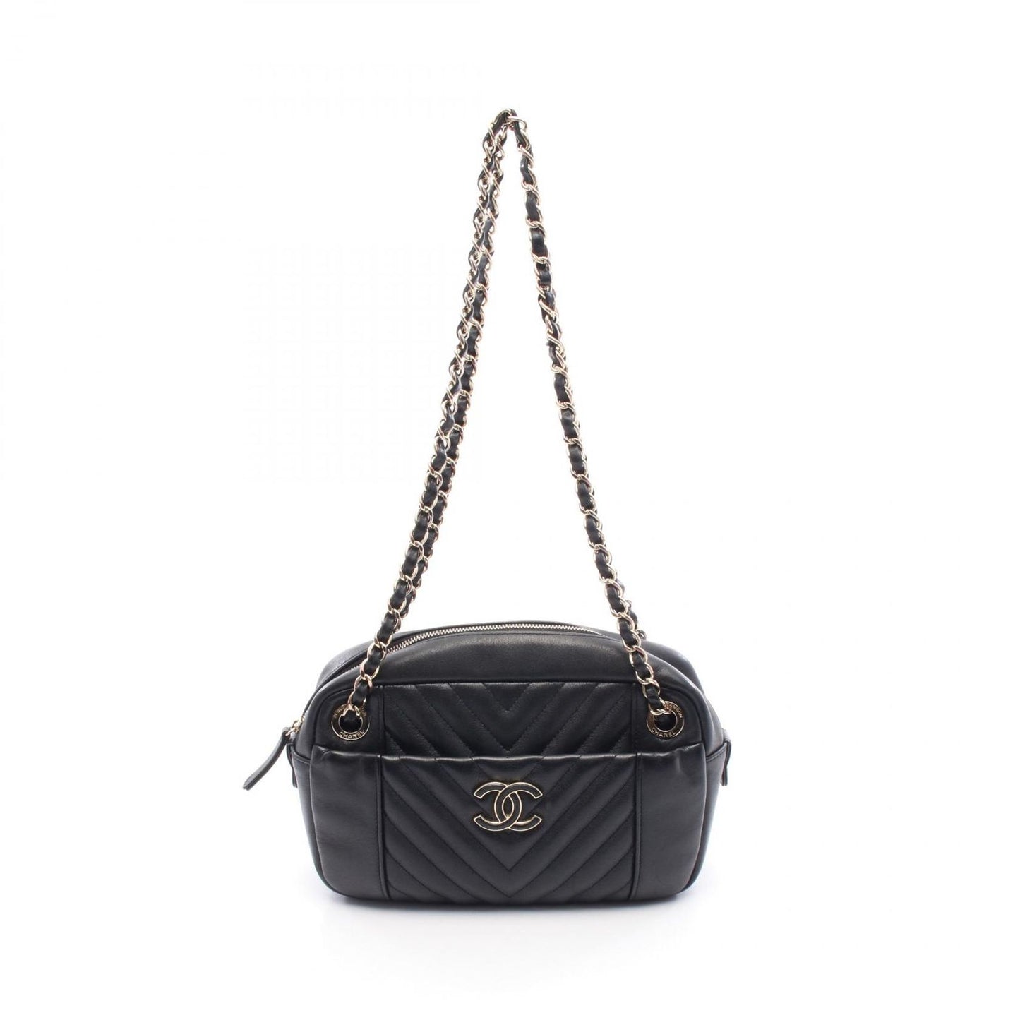CHANEL V-Stitch Chevron Shoulder Bag in Black Lambskin