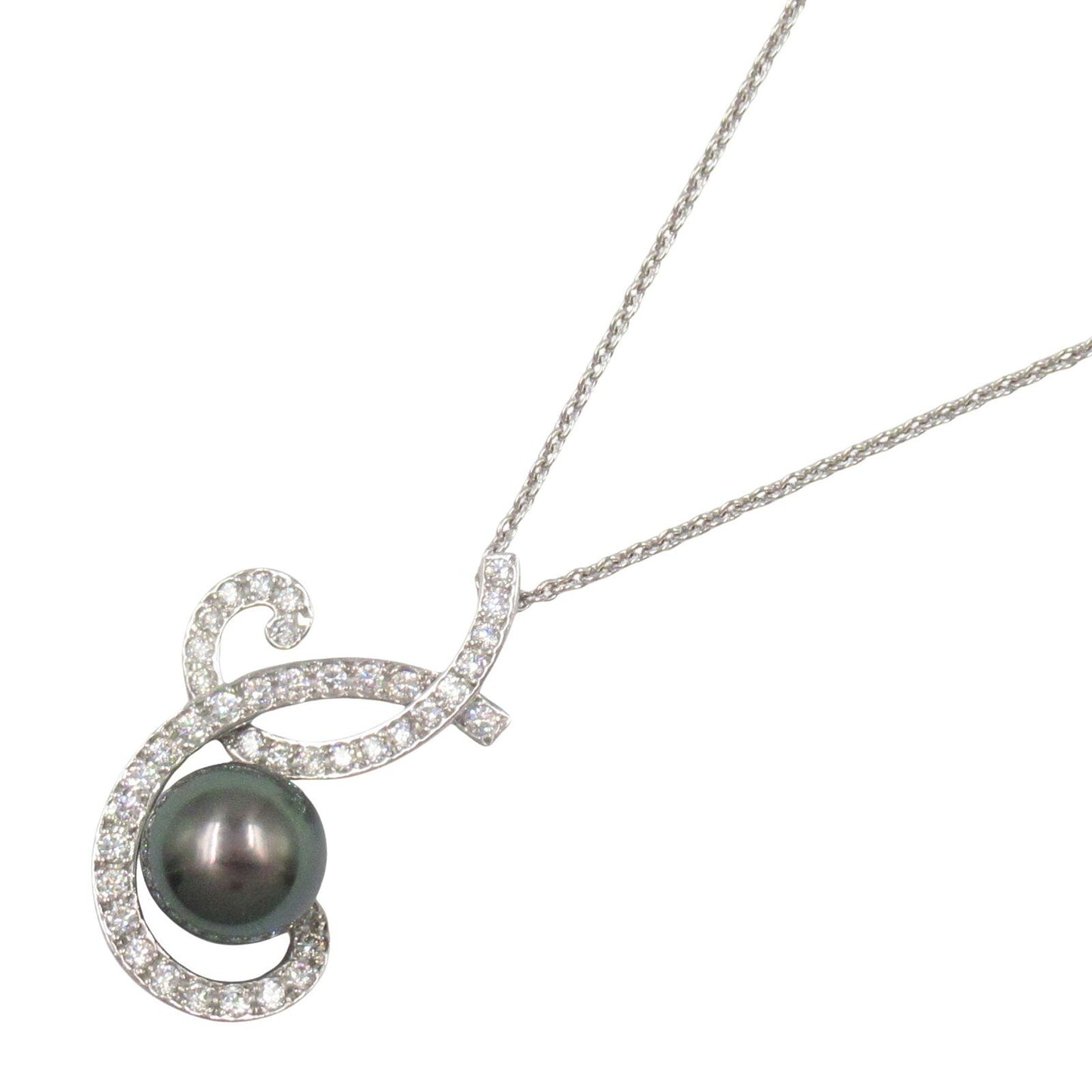 MIKIMOTO Black Pearl Necklace in K18WG with Diamonds - 42/48cm