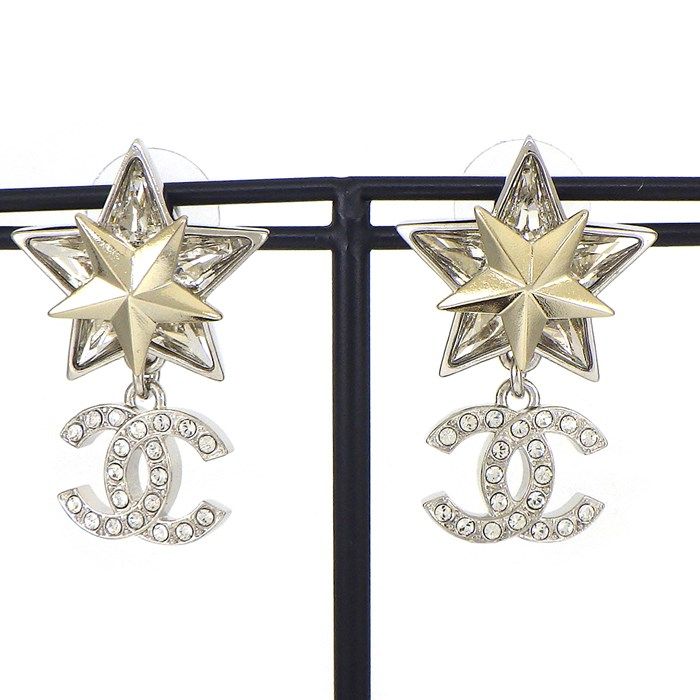 Chanel Coco Mark Star Motif Earrings - Silver & Rhinestone