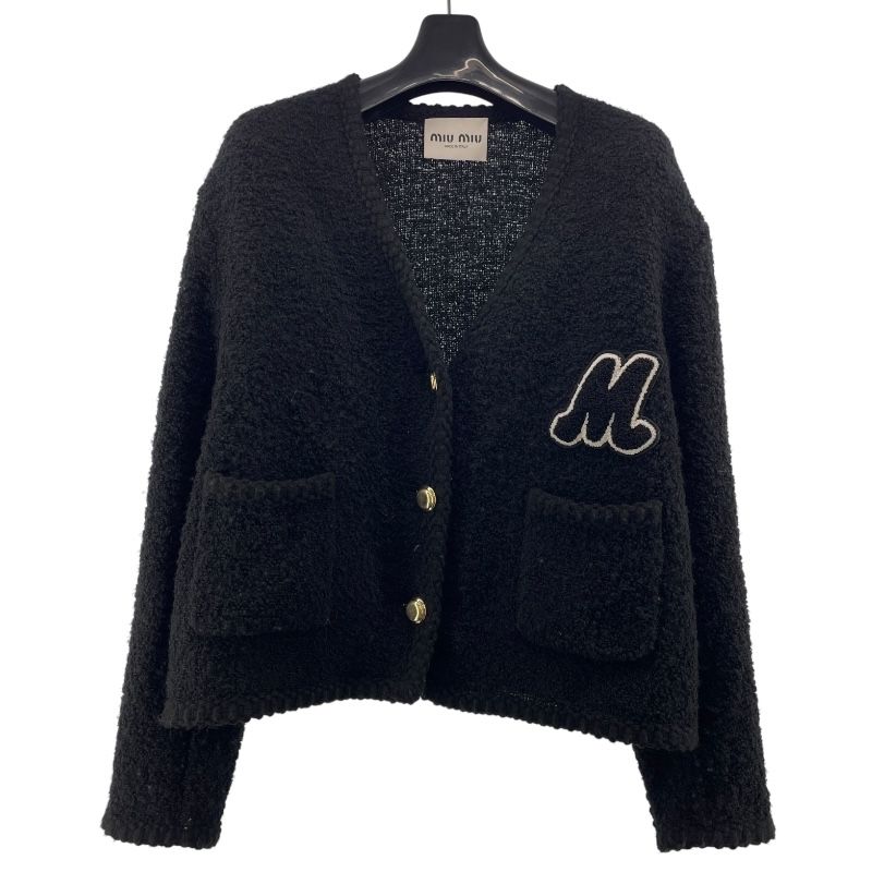 Miu Miu Lettered Patch Cardigan in Black Wool - Size 40