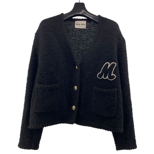 Miu Miu Lettered Patch Cardigan in Black Wool - Size 40