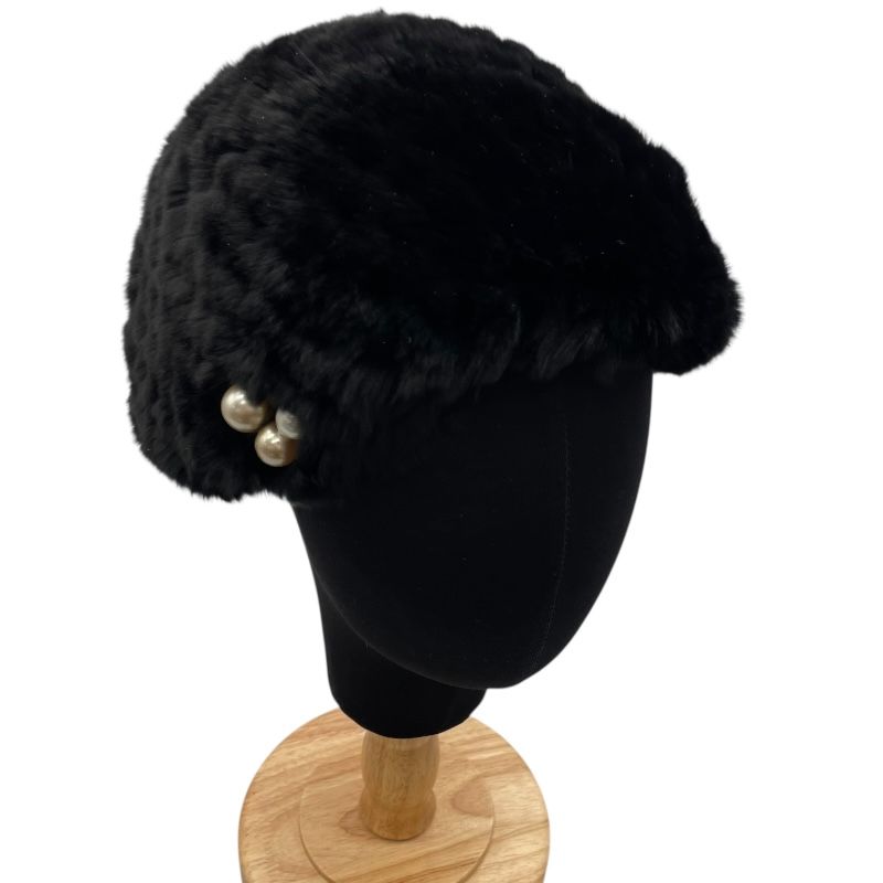 CHANEL Pearl-Embellished Black Rabbit Fur Hat - Unisex Luxury