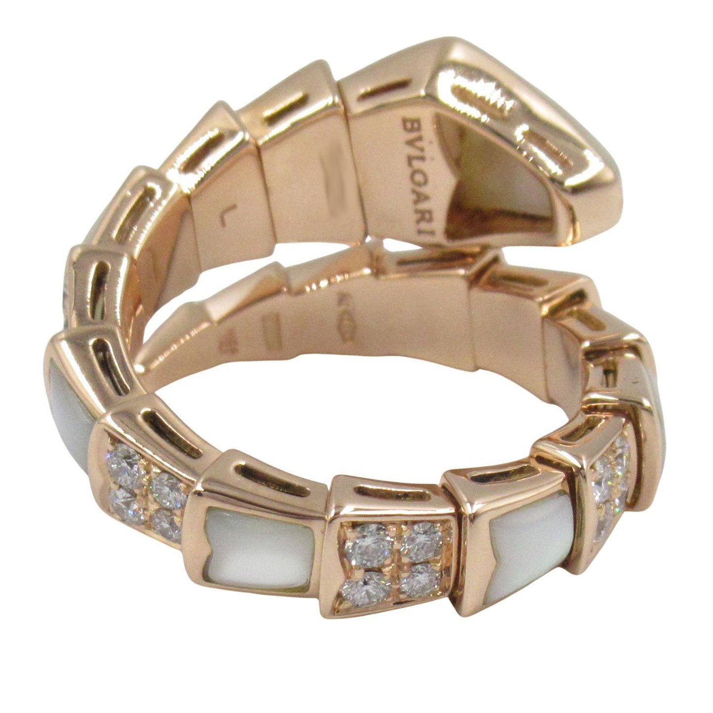BVLGARI Serpenti Viper Ring with Diamonds & Mother of Pearl - Size 15