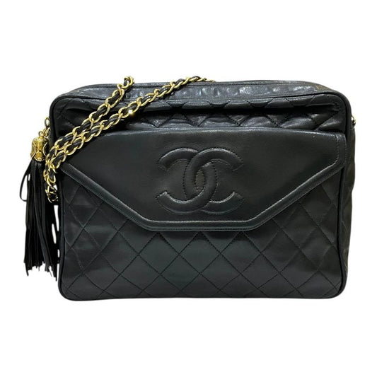 CHANEL Matelassé Fringe Shoulder Bag - Black Lambskin with Gold Hardware