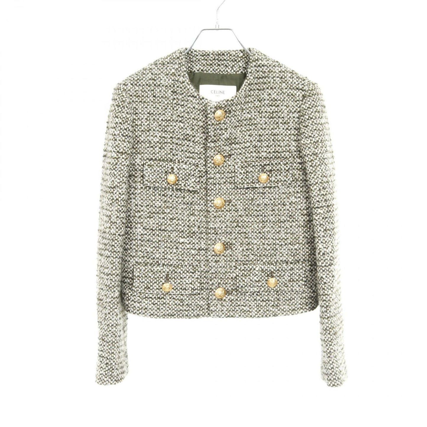 CELINE No-Collar Jacket in Gray-Green Wool - Timeless Elegance