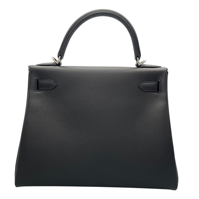 HERMES Kelly 28 Black Epson Leather Shoulder Bag with Silver Hardware