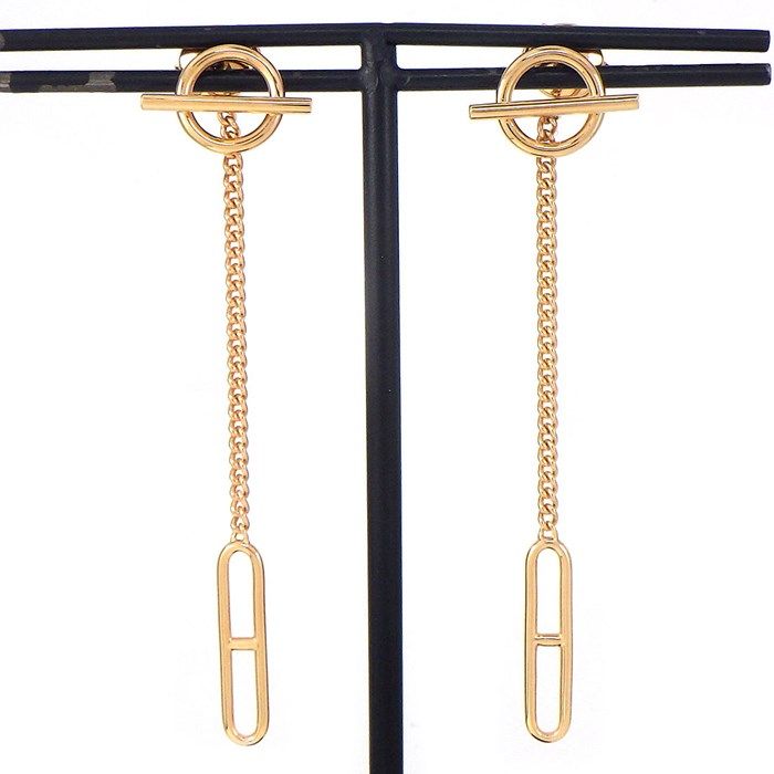 HERMES Écharpe Toggle Clasp Drop Earrings in K18 Pink Gold