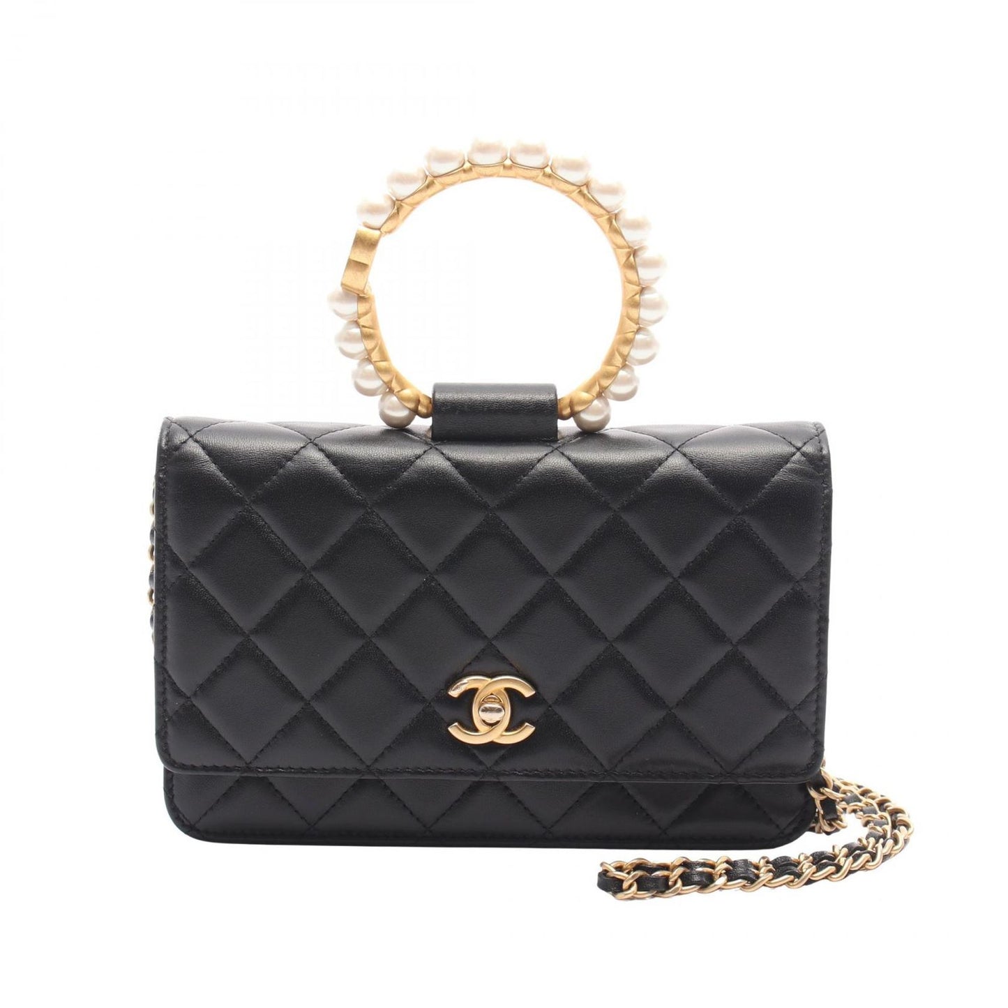 CHANEL Matelassé Pearl Handle Shoulder Bag in Black Lambskin