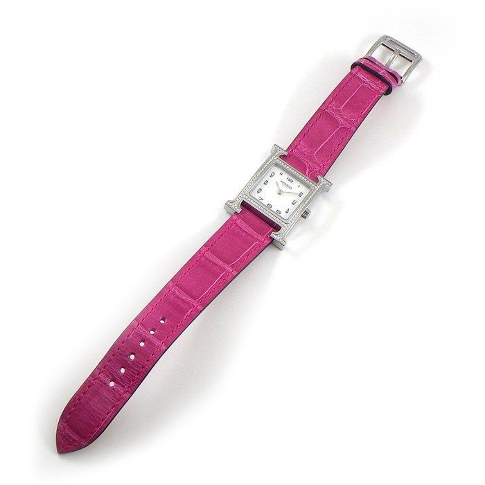HERMES H-Watch PM 25mm with Diamond Bezel & Pink Alligator Strap
