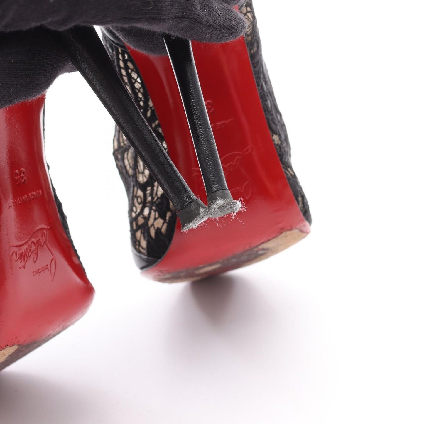 Christian Louboutin Black Leather Lace Open-Toe Booties - Size 35