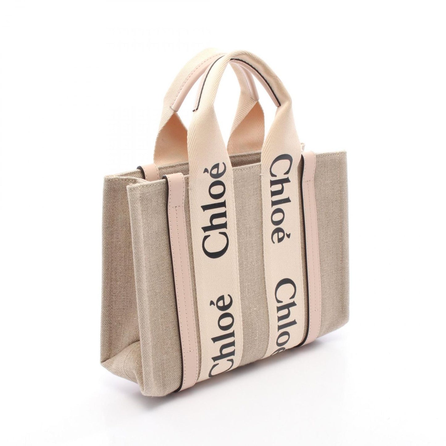 Chloe Woody Small Tote Bag in Beige Canvas & Leather