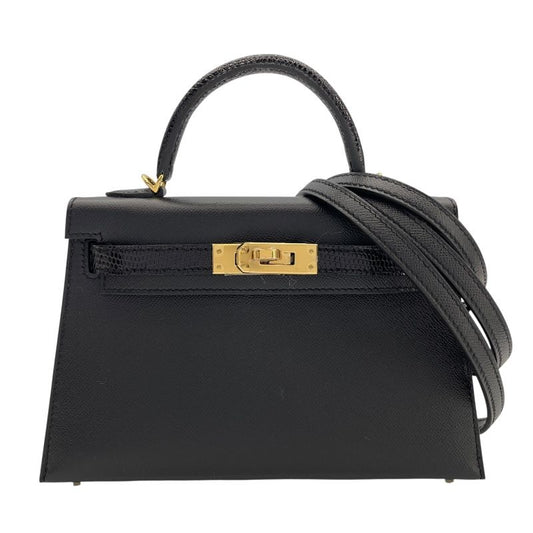 HERMES Mini Kelly 2 Touch Black Lizard Shoulder Bag with Gold Hardware