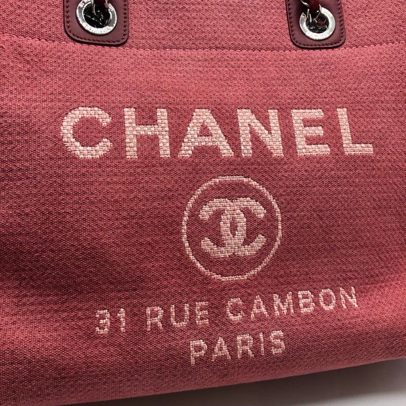 CHANEL Deauville MM Tote Bag in Red Canvas with Silver Hardware