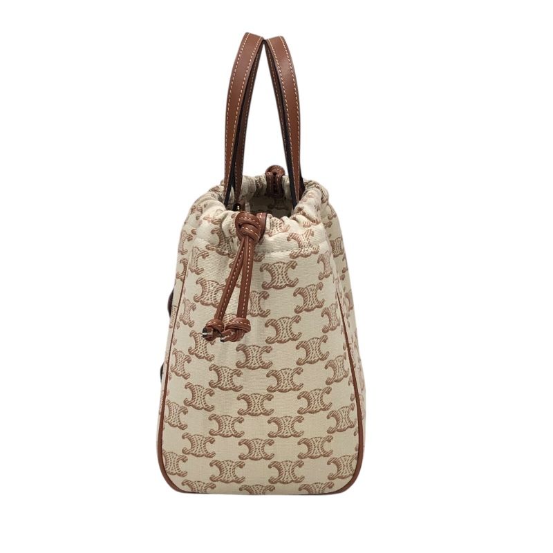 CELINE Small Cabas Drawstring Bag - White & Tan Textile