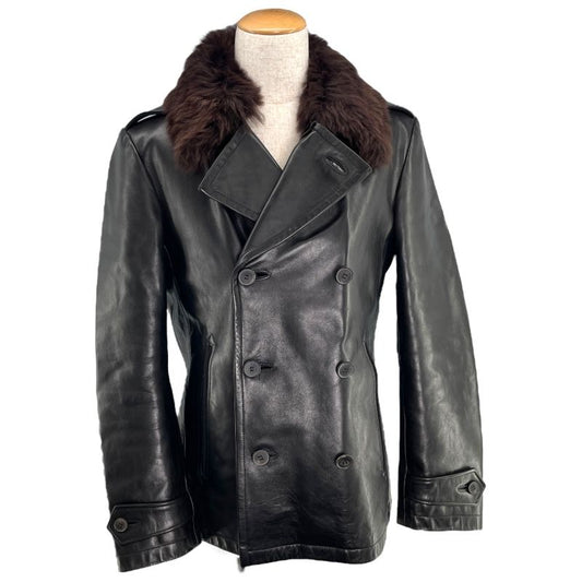Yves Saint Laurent Black Faux Fur Collar Leather Peacoat - Size 48