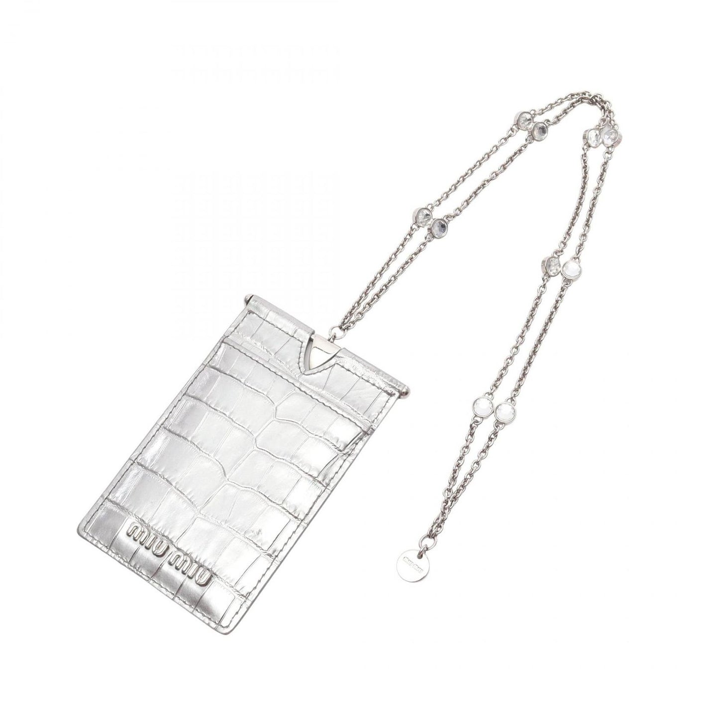 Miu Miu ST COCCO Silver Leather Card Case with Chain