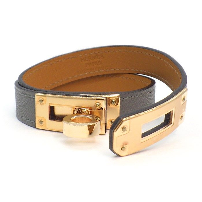 HERMES Kelly Double Tour Bracelet in Grey Calfskin & Pink Gold
