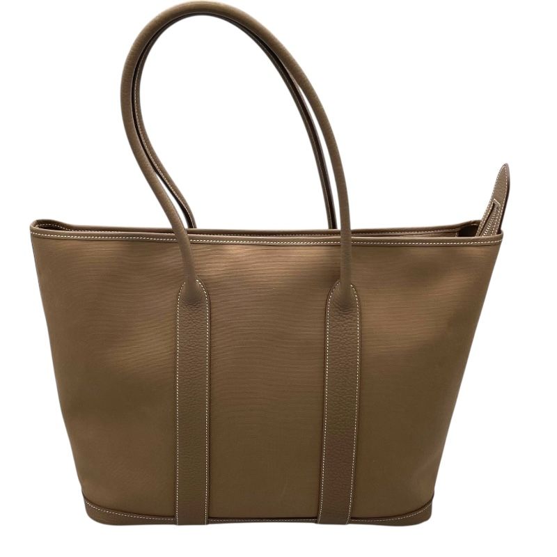 HERMES Garden Zip MM Beige Canvas Handbag with Silver Hardware