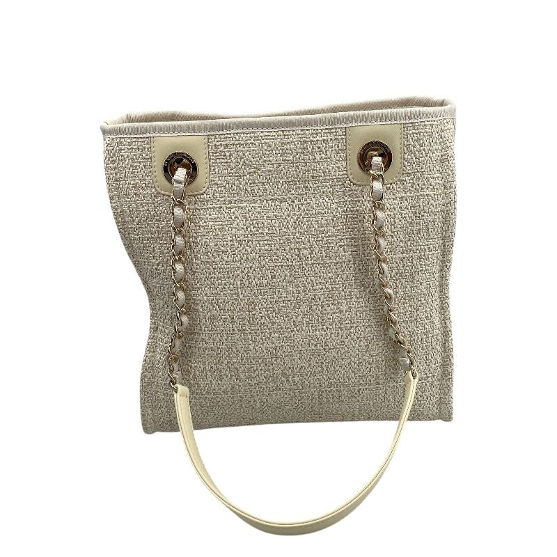 CHANEL Deauville PM White Tweed Tote Bag with Gold Hardware