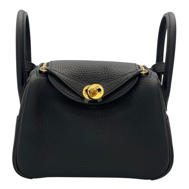 HERMES Lindy Mini Black Togo Leather Shoulder Bag with Gold Hardware