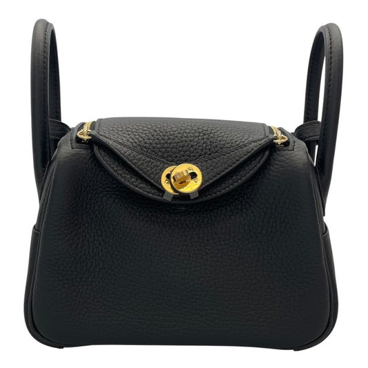 HERMES Lindy Mini Black Togo Leather Shoulder Bag with Gold Hardware