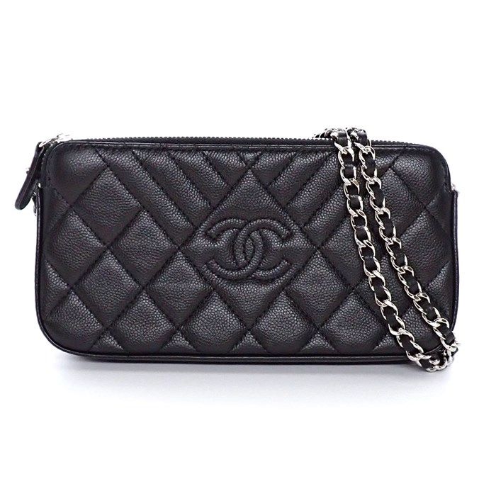Chanel Matelassé Chevron Chain Wallet in Black Soft Grain Calfskin