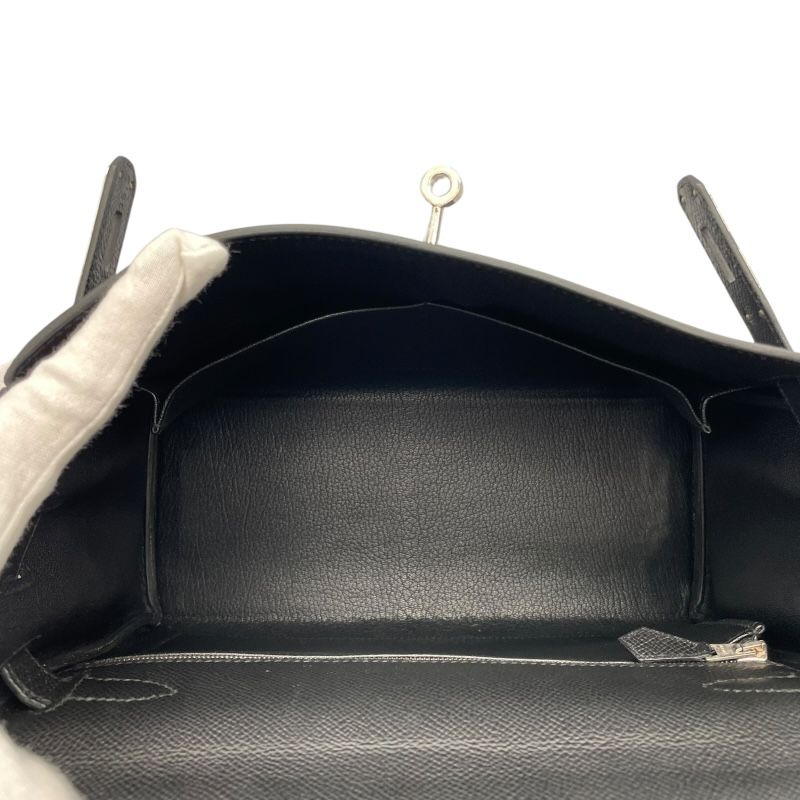 HERMES Kelly 28 Black Epson Leather Shoulder Bag with Silver Hardware