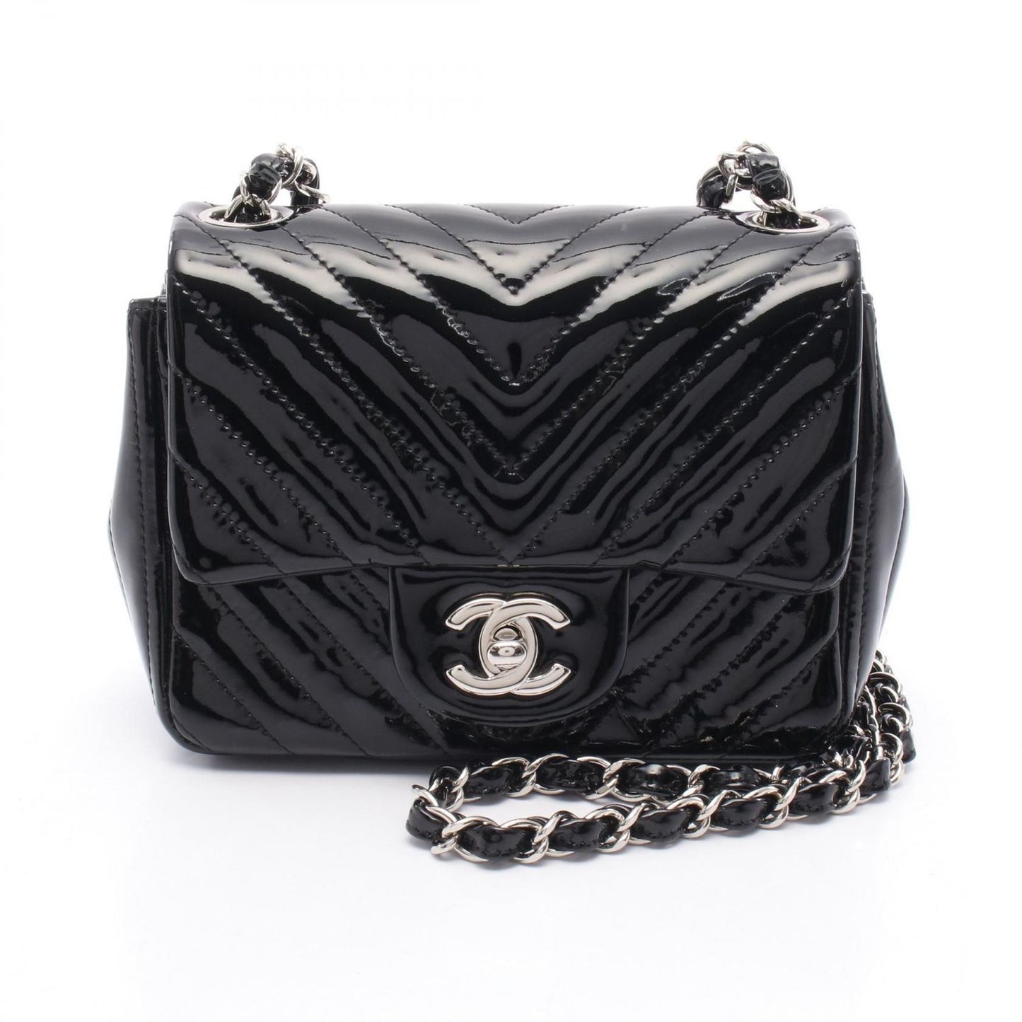 CHANEL Chevron V-Stitch Shoulder Bag in Black Patent Leather