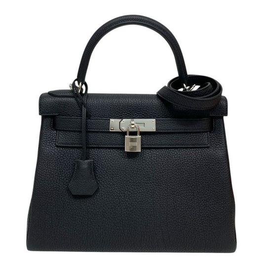 HERMES Kelly 28 Black Togo Leather Handbag with Silver Hardware