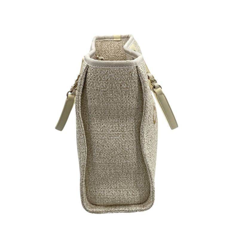 CHANEL Deauville PM White Tweed Tote Bag with Gold Hardware