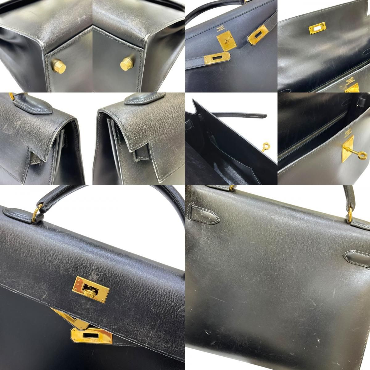 HERMES Kelly 32 Black Box Calf Handbag with Gold Hardware