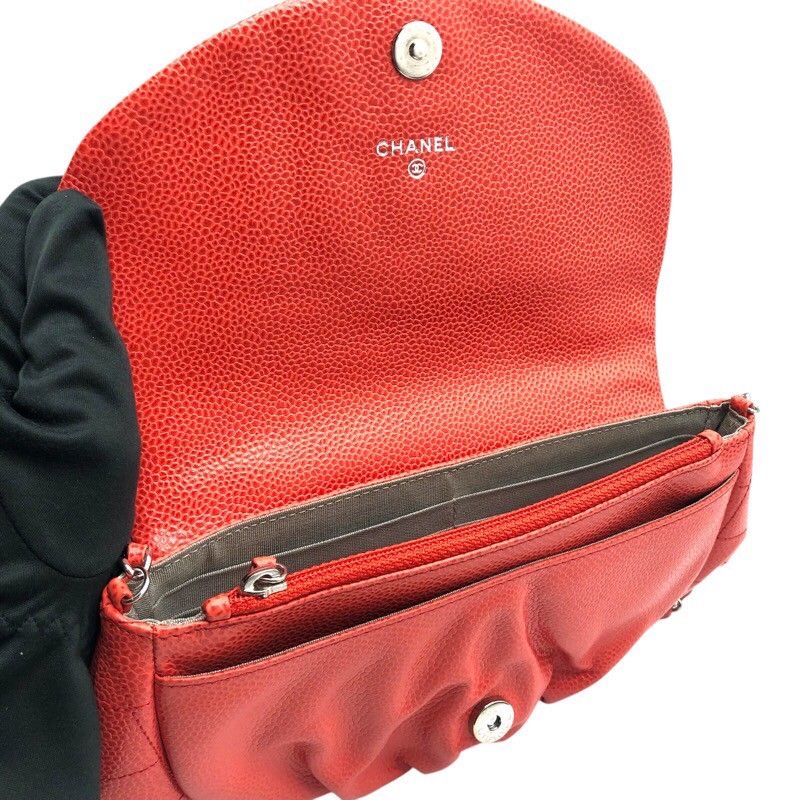 CHANEL Coco Mark Half Moon Chain Wallet in Red Orange Caviar