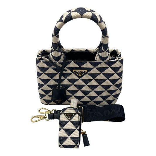 PRADA Symbol Embroidered Handbag 1BG462 Navy/White Canvas