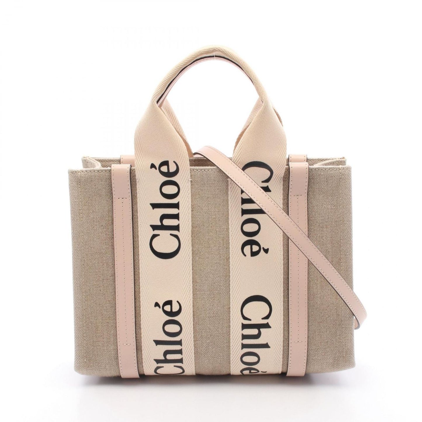 Chloe Woody Small Tote Bag in Beige Canvas & Leather
