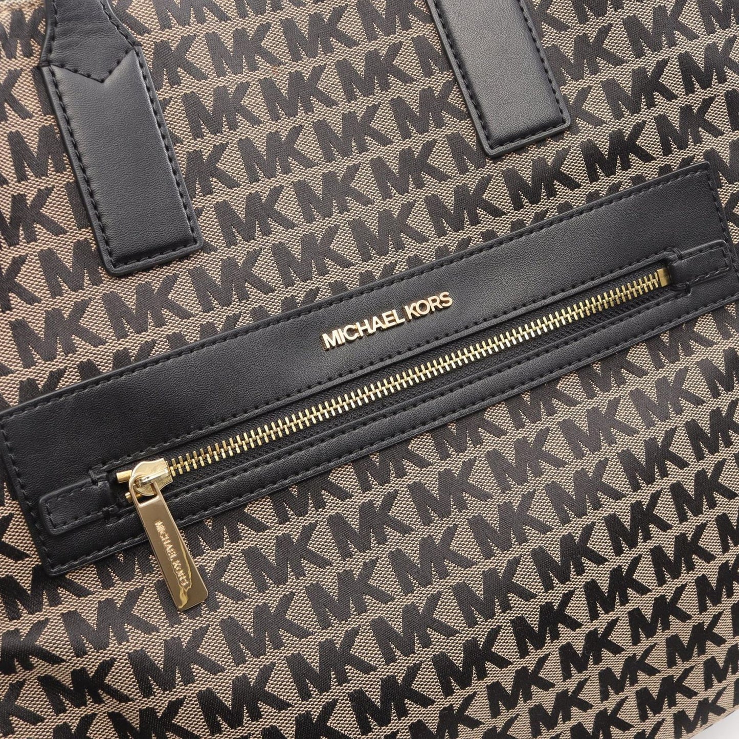 Michael Kors Beige & Black Canvas Leather Tote Bag - Timeless Elegance