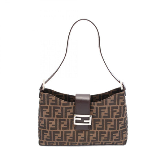 FENDI Zucca Shoulder Bag in Black/Khaki Canvas & Leather