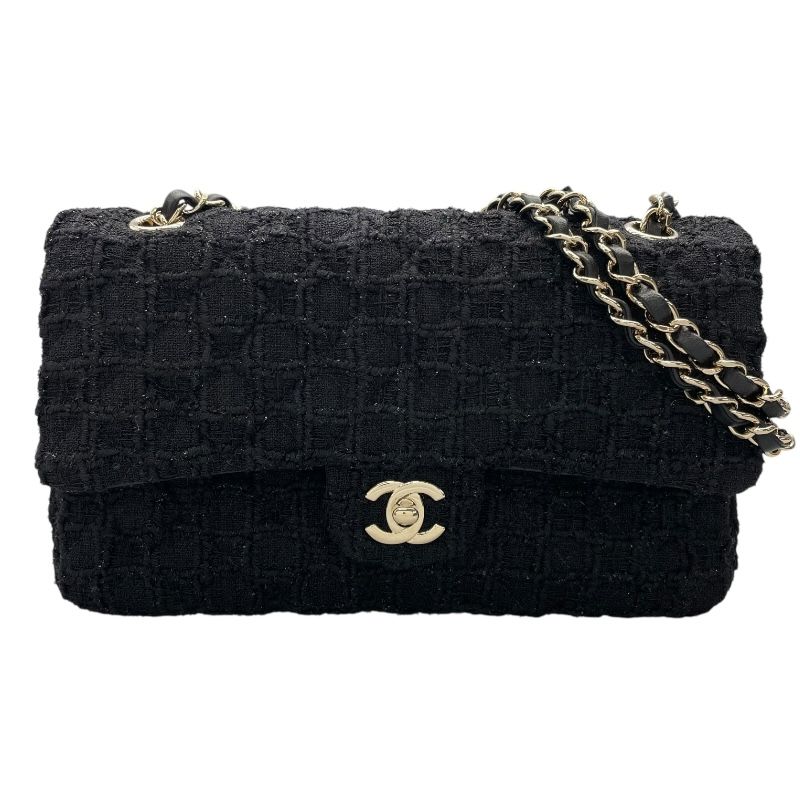 CHANEL Matelassé 25 Black Tweed Shoulder Bag with Gold Hardware