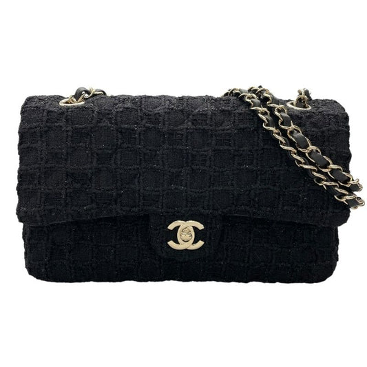 CHANEL Matelassé 25 Black Tweed Shoulder Bag with Gold Hardware
