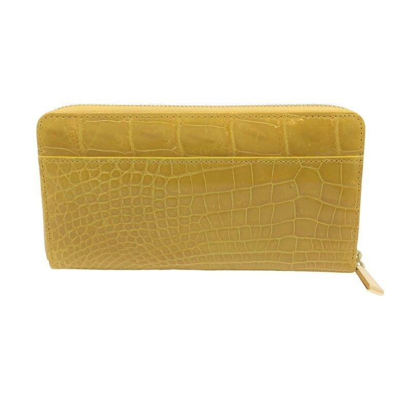 Exquisite Yellow Crocodile Leather Zipper Wallet with Gold Accents