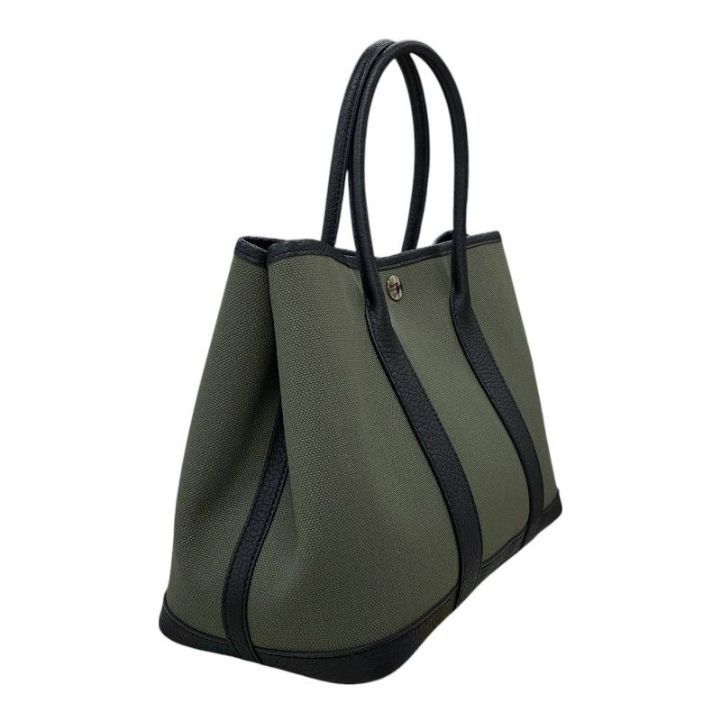 HERMES Garden Party TPM Tote Bag in Khaki & Black with Silver Hardware