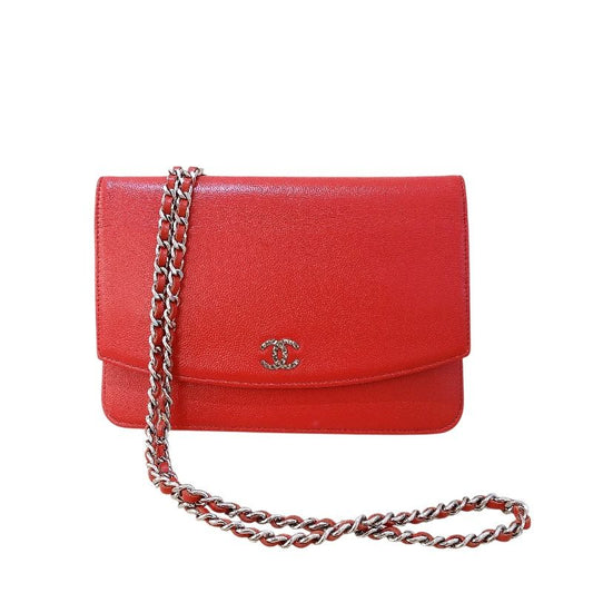 CHANEL Red Caviar Skin Chain Wallet with Silver Hardware