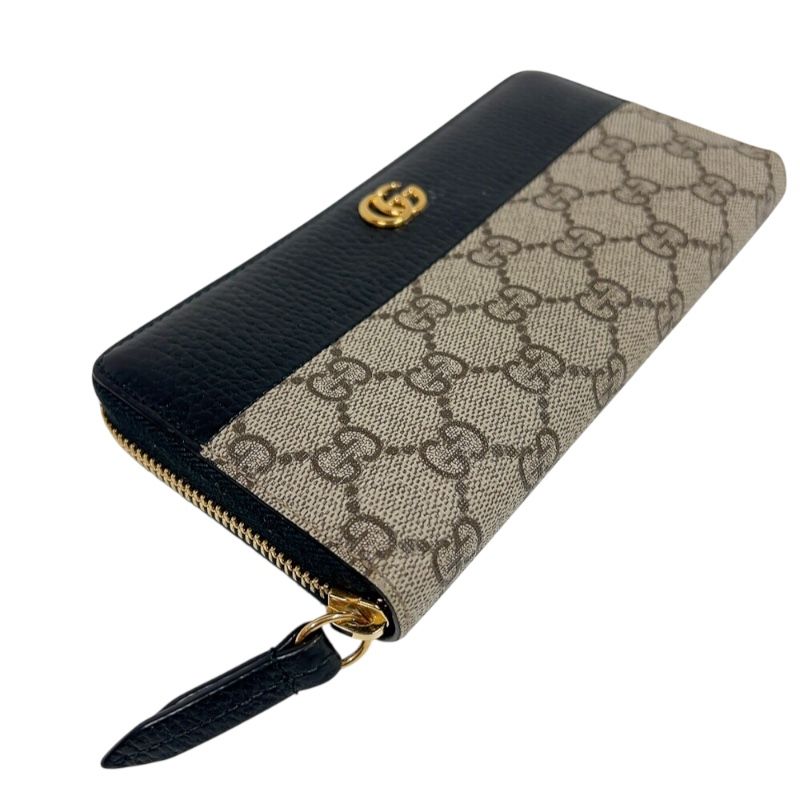 GUCCI Double G Zip Around Wallet - Black/Beige with Gold Hardware