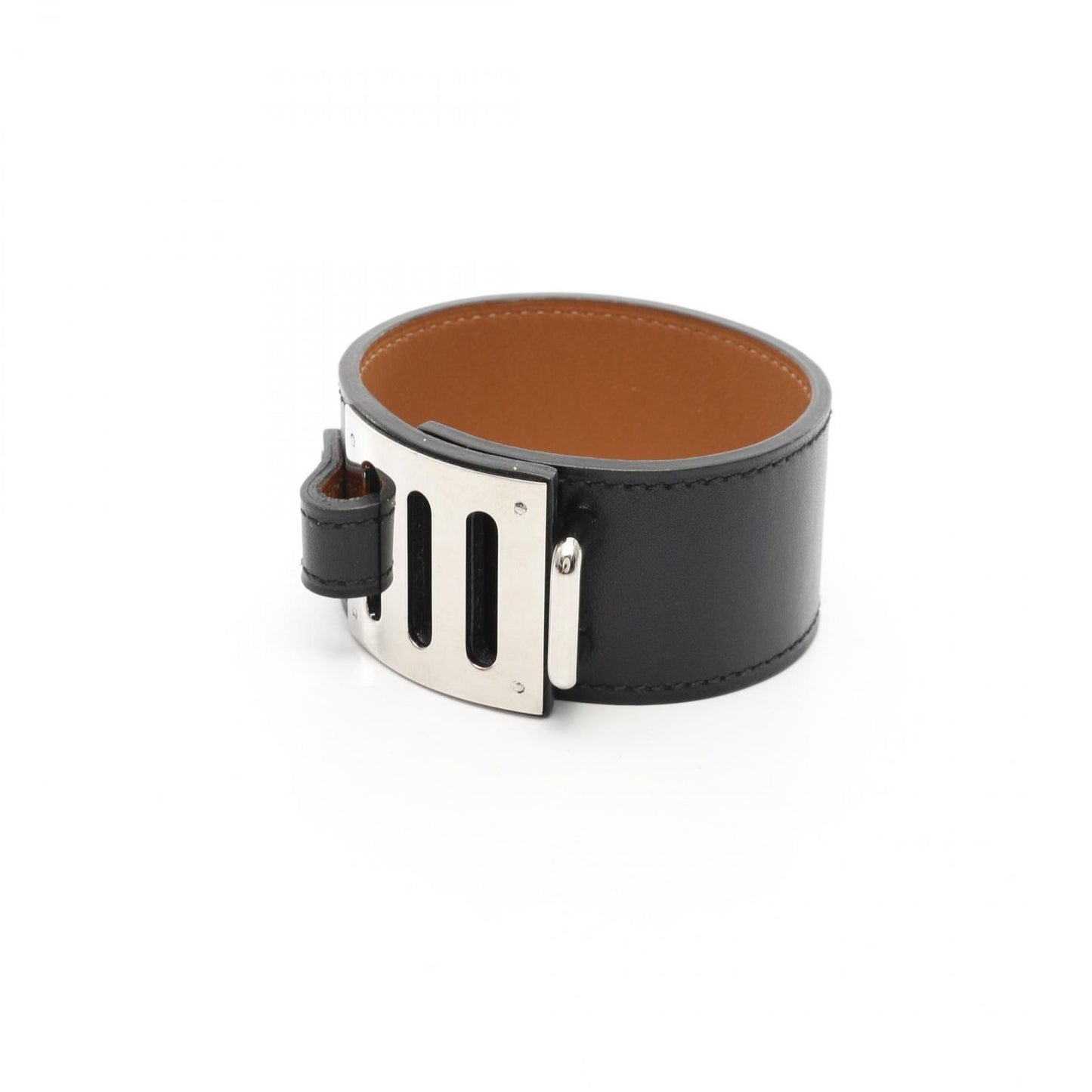 HERMES Intense Black Leather & Stainless Steel Bangle Bracelet