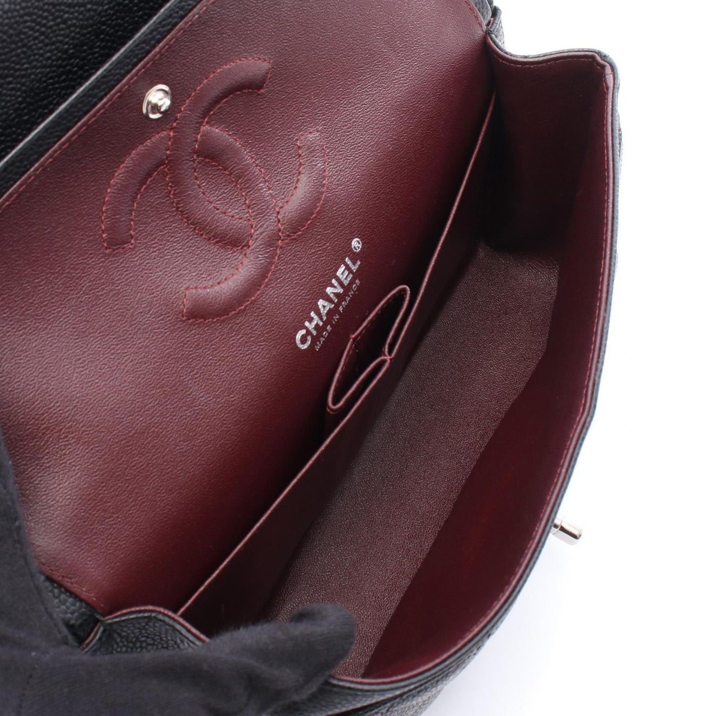 CHANEL Matelassé Double Flap Shoulder Bag in Black Caviar Skin