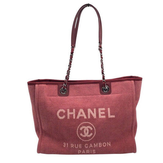 CHANEL Deauville MM Tote Bag in Red Canvas with Silver Hardware