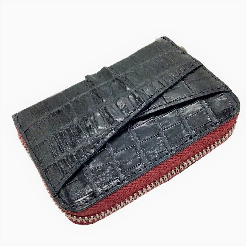 Exquisite Crocodile Leather Round Zipper Card Case in Black Navy