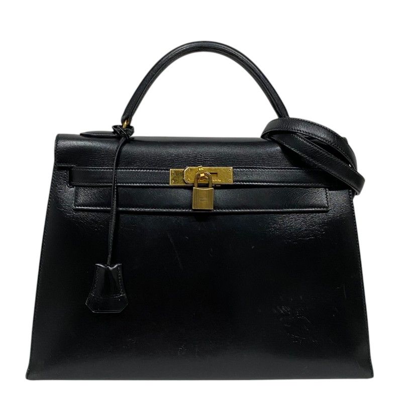 HERMES Kelly 32 Black Box Calf Handbag with Gold Hardware