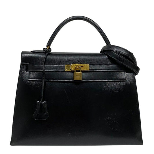 HERMES Kelly 32 Black Box Calf Handbag with Gold Hardware