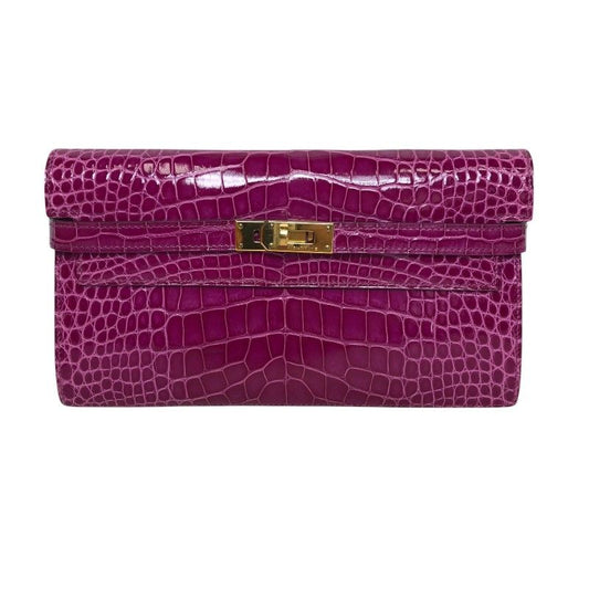 HERMES Kelly Wallet C Stamp Rose Sheherazade Alligator Gold Hardware