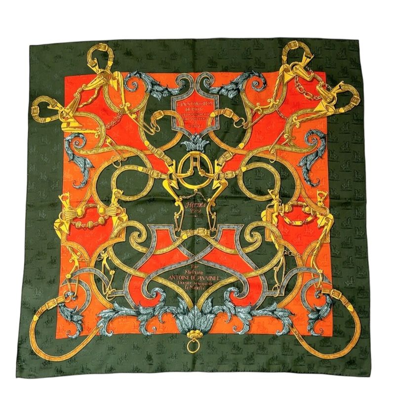 HERMES Carre 90 Linstrvction dvroy Green Multi Silk Scarf